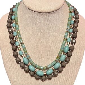 Elegant Noir Green Triple Strand Beaded Gold Tone Necklace